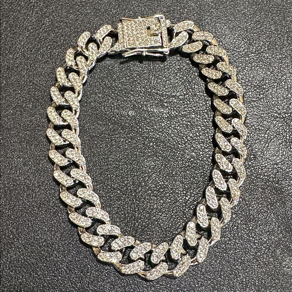 Miami Cuban Silver-tone 12mm Iced Out Link 10” Bracelet